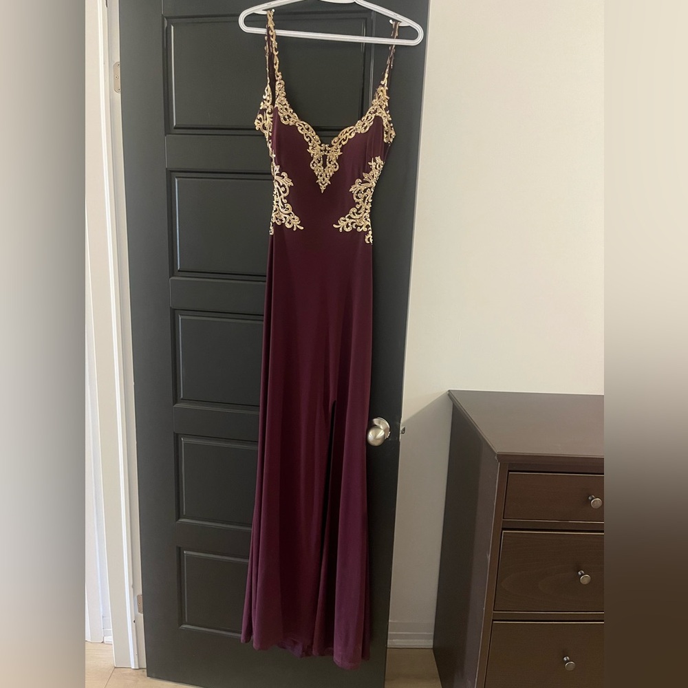 Elegant Burgundy Gown with Gold Embroidery